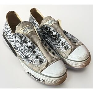 Vtg Ed Hardy Roaring Tiger Sneakers Mens 8 Brown Canvas Low Top Slip On Shoes